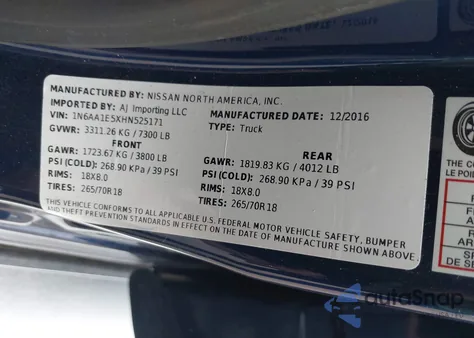 2017 Nissan Titan Platinum Reserve/Pro-4X/S/Sl/Sv z USA, uszkodzony, nr VIN 1N6AA1E5XHN525171